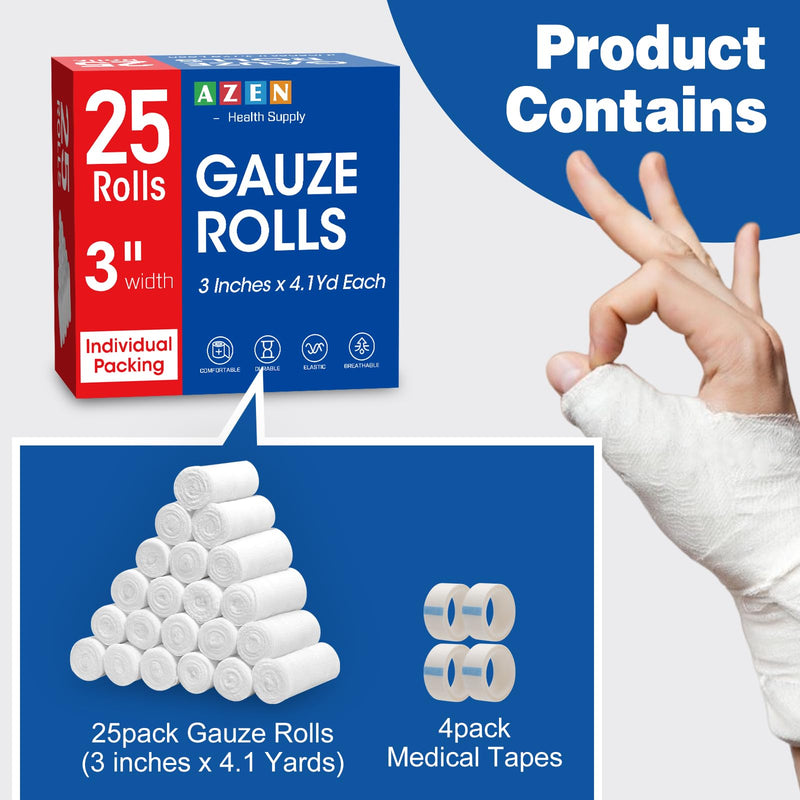[Australia] - AZEN 25 Pack Gauze Rolls Bandages, 3 in x 4.1 Yards, Premium Medical Supplies & First Aid Supplies, Bandage Wrap Vet Wrap, Mummy Wraps A-25p 