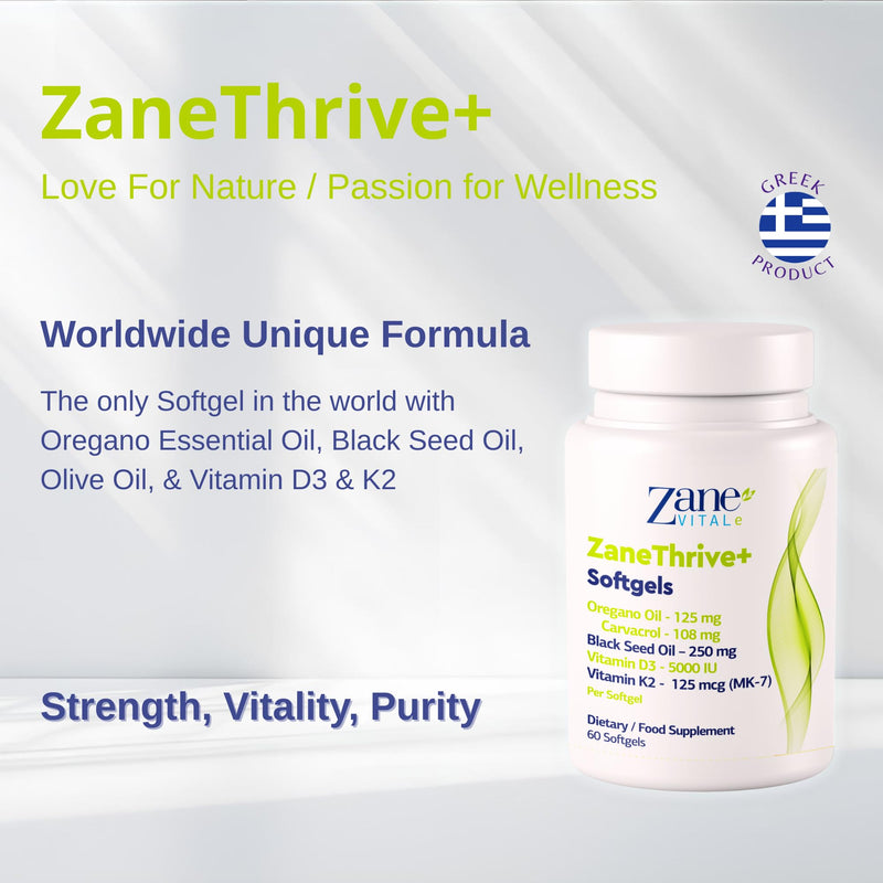 ZaneThrive + Vitamin D3 & K2, Black Seed Oil, Oregano Oil, Supplement - High Potency - Immune & Bone Wellness - with Carvacrol & Thymoquinone - Non-GMO, Gluten-Free - 60 Capsules by Zane Hellas.