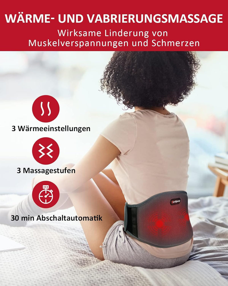 [Australia] - Comfytemp vibration massage heat belt for back with 25Wh battery, 18x147cm wireless heating belt massager with 3 heat levels & 3 massage modes, ultra-soft back warmer with automatic switch-off-L gray 