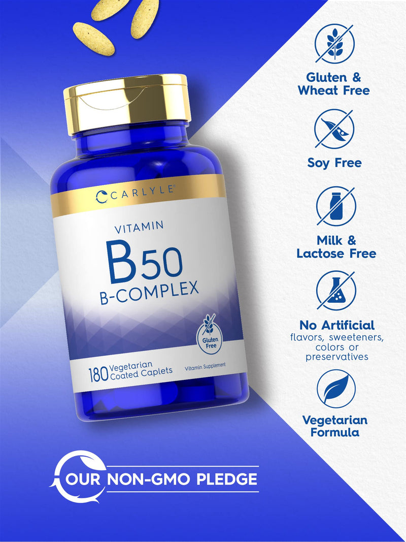 Carlyle Vitamin B50 Complex | 180 Vegetarian Caplets | Non-GMO, Gluten Free
