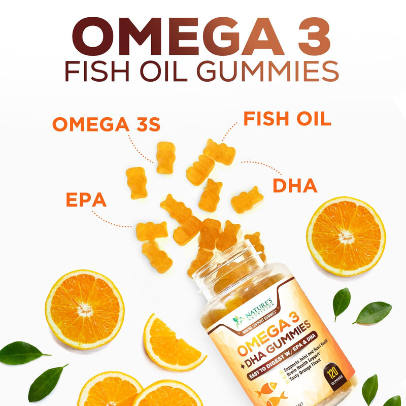 [Australia] - Omega 3 Fish Oil Gummies, Heart Healthy Omega 3 Gummy Supplement with High Absorption DHA & EPA, Extra Strength Joint & Brain Support, Omega 3 Fish Oil Nature's Vitamin, Orange Flavor - 120 Gummies 120 Count (Pack of 1) 