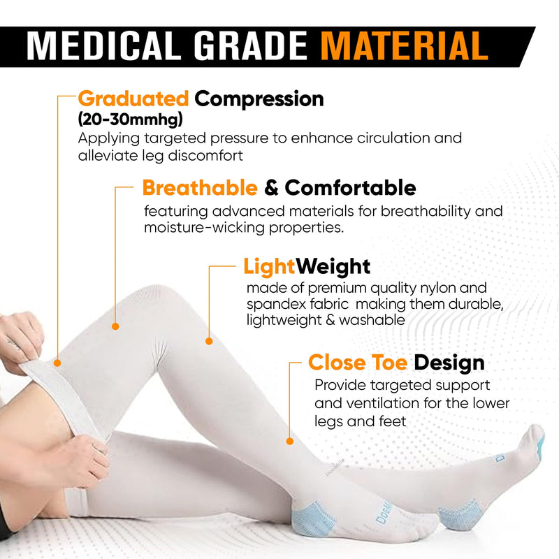 [Australia] - Doc Miller TED Hose Thigh High Anti Embolism Stockings for Women & Men, Hospital Style Surgical Stockings, Plus Size White Compression Socks 15-20mmHg, Support Hose with Inspection Hole (S-5XL) Large 
