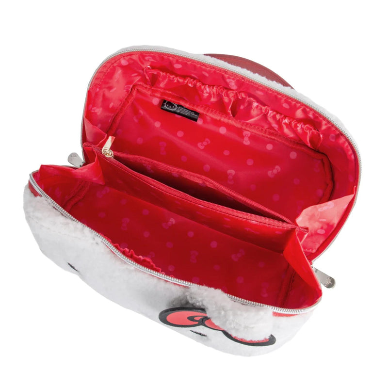 Impressions Vanity Hello Kitty Unfold Travel Makeup Bag Organizer, Opens Flat Zippered Cosmetic Bag with Cozy Sherpa Fabric Texture, Dual Compartments, Inner Pockets, Top Carrying Handle White (Hello Kitty)