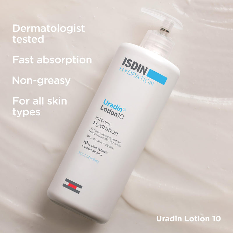 ISDIN Body Lotion Uradin 10, 24-Hour Intense Hydration, Non-Greasy, Fast-Absorbing Moisturizer for Dry or Very Dry Skin, Helps Relieve Itching Due to Dryness, 13.5 Fl. Oz. 13.5 Fl Oz (Pack of 1)