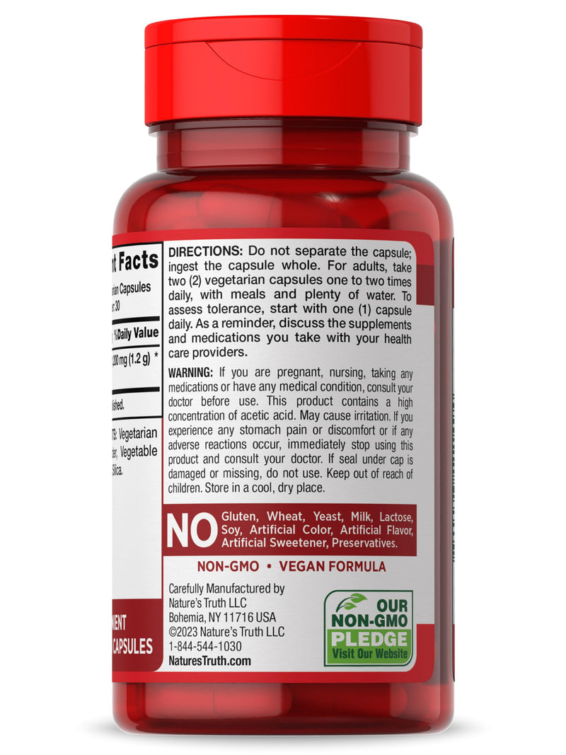 [Australia] - Nature's Truth Apple Cider Vinegar Vegan Capsules | 1200mg | 60 Veggie Pills | Extra Strength | Vegan, Non-GMO and Gluten Free Supplement 