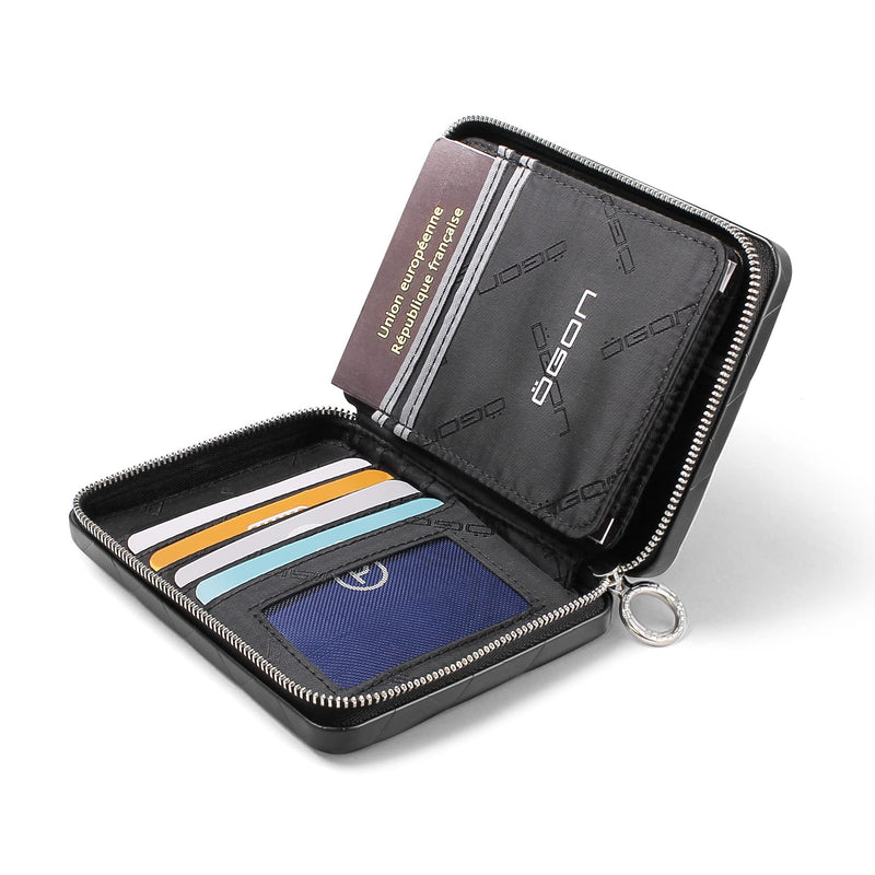 Aluminum Companion Wallet for women, RFID protection. Model: HELSINKI LARGE | Spacious travel wallet. Holds up to 15 cards, a passport, cash & coins. Zip closure keeps essentials secure. Black