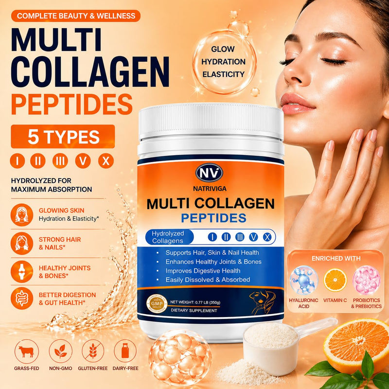 Multi Collagen Peptides Powder - Type I, II, III, V, X - Hydrolyzed Collagen Peptides with Vitamin C Hyaluronic Acid, Supports Skin Hair Nail & Joint, Grass-Fed, Non-GMO, 35 Servings