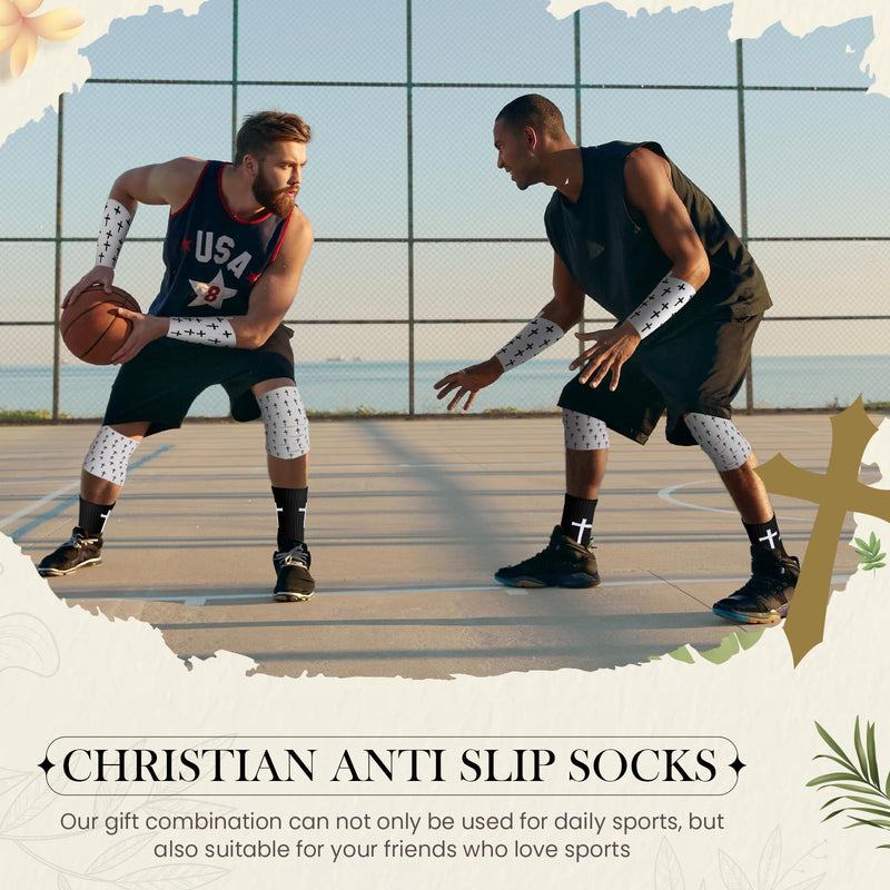 TrelaCo 2 Pcs Christian Athletic Tape with 2 Sets Cross Grip Socks Cotton Sports Athletic Tape Serrated Edges Religious Soccer Socks for Football Baseball Hockey Soccer (Cross)