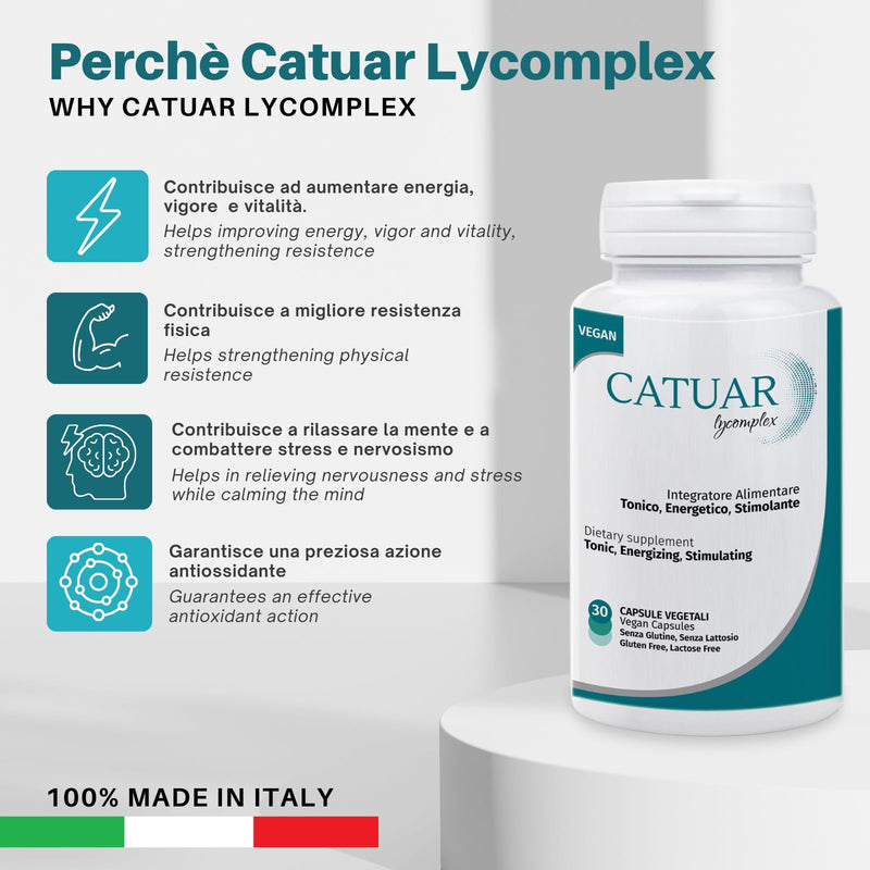 Catuar Lycomplex Energizing and Stimulating Men's Supplement | Increases Vigor and Endurance | with Catuaba, Arginine, VIT. B6 and Lycopene | 100% Natural and Made in Italy | 30 Vegetable Capsules