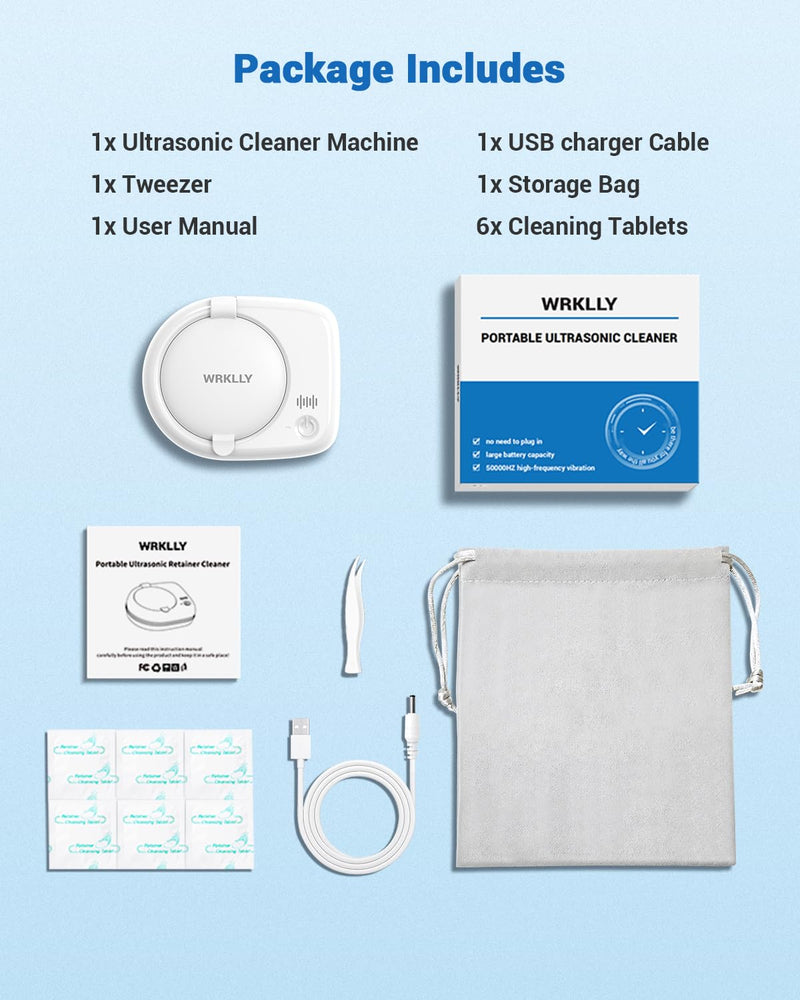 [Australia] - Rechargeable Ultrasonic Retainer Cleaner Machine | 50kHz 1.9 inch Ultra-Thin Portable | Night Guard Aligners Jewelry |6pcs Cleaner Tablets Included | Quick & Deep Clean Modes | Oral Dental Care White 