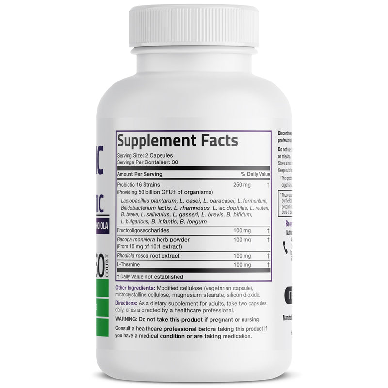 Bronson Brain + Mood Probiotic 50 Billion CFU + Prebiotic, 60 Capsules | 16 Freeze-Dried Strains with L-Theanine, Bacopa & Rhodiola, Digestive & Immune Support, Non-GMO, Gluten-Free & Soy-Free