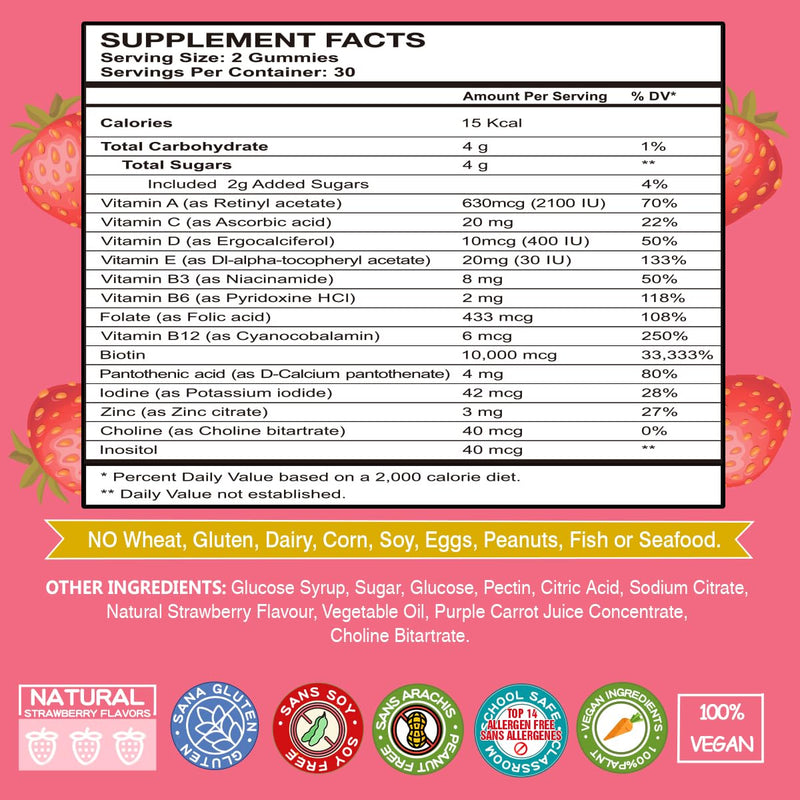 Biotin Gummies 10000mcg Supplements - with Vitamin C, A, D, B-Complex, Folate, Zinc for Women & Girls- Vegan Biotin Hair Growth Gummy for Healthy Hair and Nails, Non-GMO, Strawberry, 120 Bear Fruit 60 Count (Pack of 2)