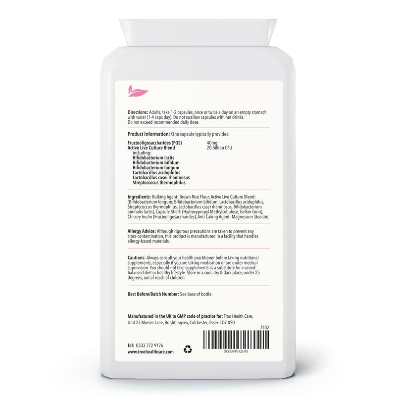 Troo Health Care Probio Cult-20 120 Vegan Capsules 20 Billion cfu | 6 Strain Active Bacterial Cultures | Targeted Release | Acidophilus | Bifidobacterium | Streptococcus Thermophilus | UK Manufactured