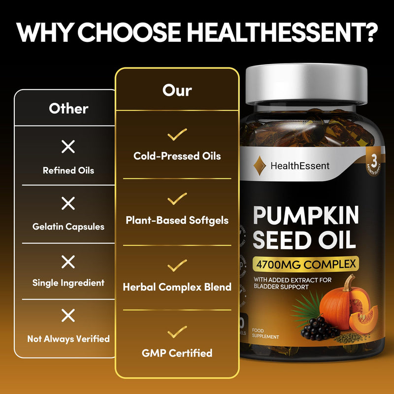 HealthEssent Pumpkin Seed Oil & Extract Capsules 4700mg Complex, Curcubita Pepo Omega 6 & 9 - High Strength Pumpkin Seed Oil for Hair & Prostate Support, Vegan & Non-GMO - 90 Softgels