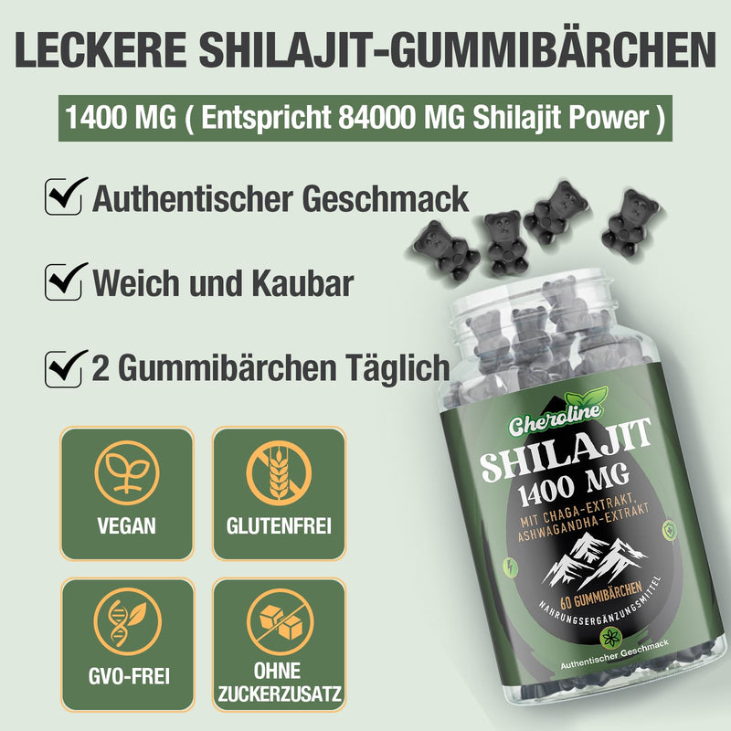 [Australia] - Pure Himalayan Shilajit 1400mg per serving, advanced 3-in-1 formula with chaga and ashwagandha extract, maximum effectiveness 85+ clean trace elements and fulvic acid, 60 vegan gummies 60 pieces (pack of 1) 