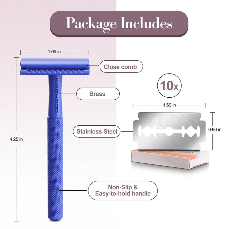 [Australia] - KINGHOOD Double Edge Safety Razor, Single Blade Razor with 10 Premium Blades, Metal Shaving Razor for Women and Men, Deep Blue Blue a 