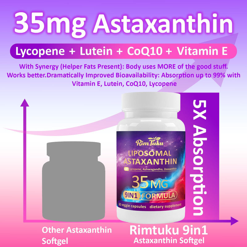 [Australia] - Liposomal Astaxanthin Supplement Complex 9-in-1 with Ashwagandha, Lycopene, Zeaxanthin, Antioxidant Supplement Support Eye, Skin & Joint Health, 60 Capsules 