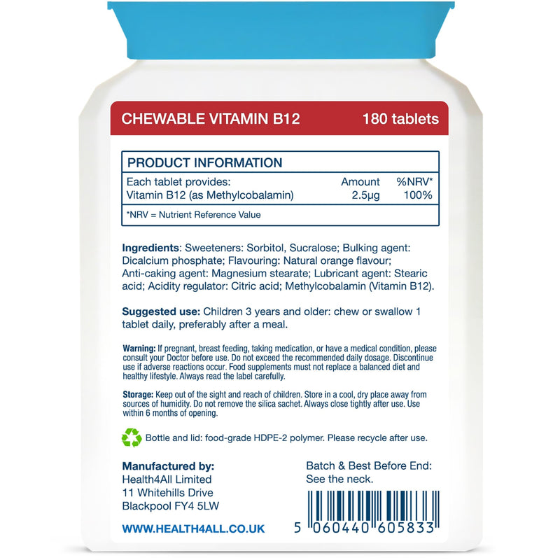 Health4All Kids Vitamin B12 2.5mcg 180 Chewable Tablets 6 Months Supply, Vegan VitB12 Methylcobalamin Supplement for Children 3+, Sugar-Free, Natural Orange Flavour | Made in UK (not Gummies) 180 count (Pack of 1)