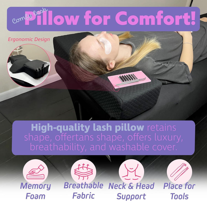 [Australia] - Lash Pillow for Eyelash Extensions - Curved Memory Foam Bed Pillow, Ergonomic Head Rest with Neck Support, Side Pockets for Tools, Fits Lash Beds for Tech – Black 