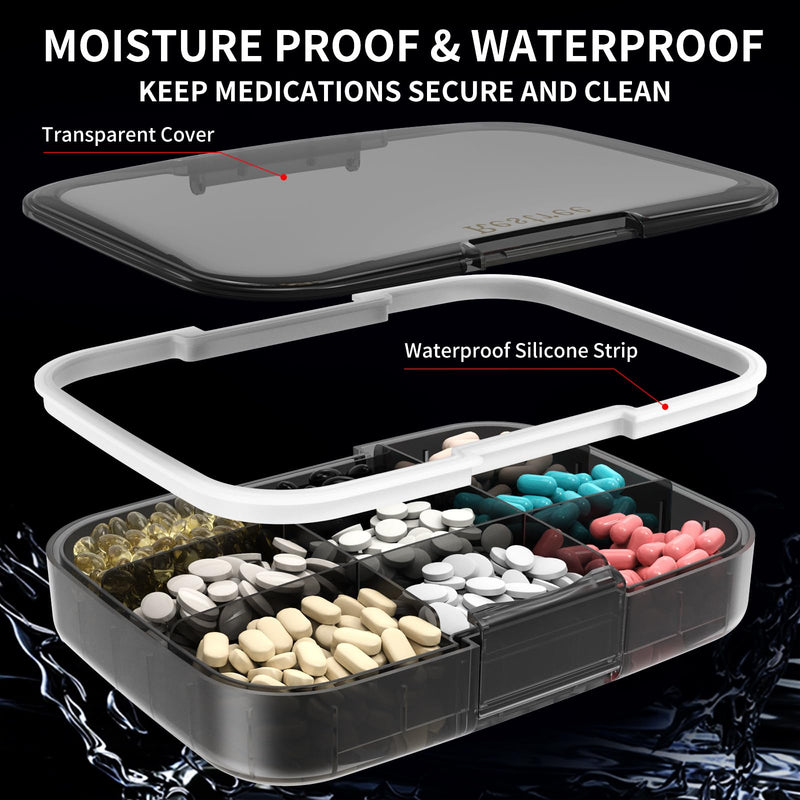 [Australia] - Large Pill Organizer, Portable Pill Dispenser, Moisture-Proof Travel Pill Case for Vitamin, Medicine, Fish Oil/Supplements Extra Large 9 compartments (Black) Black 