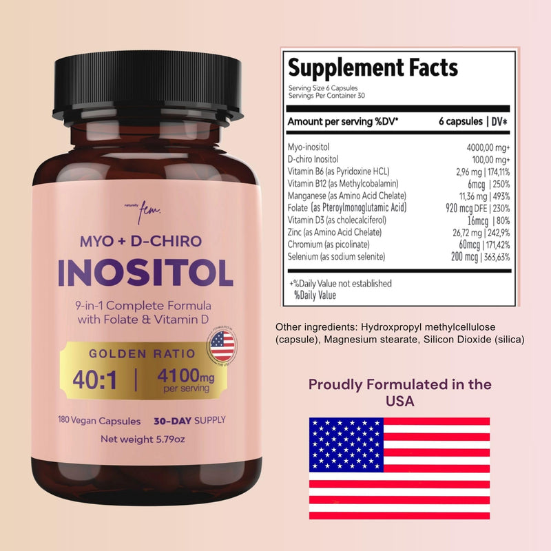 QSTA Myo-Inositol & D-Chiro Inositol Supplement for Women 4100mg (40:1 Ratio) – 9-in-1 Hormonal & Metabolic Support with Folate, Vitamin B6, B12, D3, Zinc & Chromium 180 Count (Pack of 1)