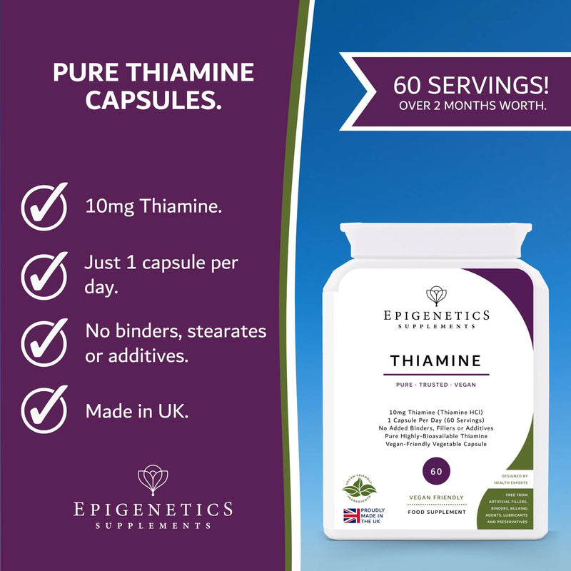 Vitamin B1 Thiamine | 10mg Vitamin B1 Thiamine Supplement (10,000mcg) | 60 Vegan Friendly Capsules UK Made | Long 2 Month Supply by Epigenetics Supplements