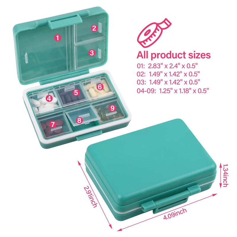 9 Compartment Pill Organizer,Waterproof Travel Medicine Case (Navy Green) | Large capacity compartments for vitamins, fish oils, and supplements. Portable pill box ideal for travel and daily use. Dark Green