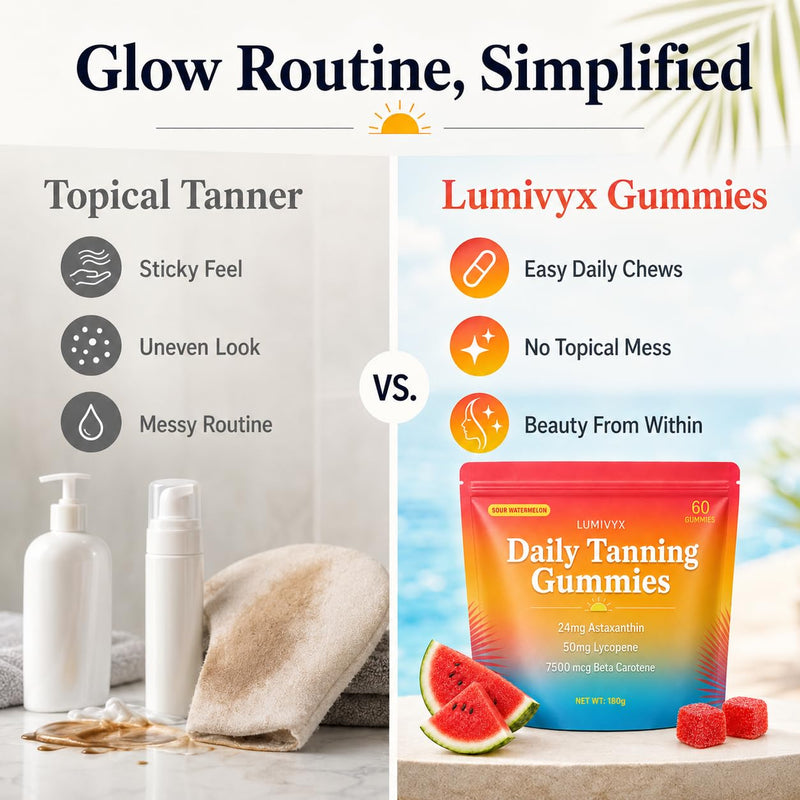 Lumivyx Tanning Gummies, Sun Tanning Gummies for Women and Men with Beta Carotene, Astaxanthin, Lycopene, Vitamin C, D3 and Zinc, Sour Watermelon Vegan Gummies, 60 Count