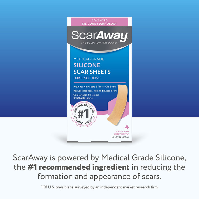 [Australia] - ScarAway Advanced Silicone Scar Sheets for C-Section, Reusable Sheets (1.5” x 7”) for Hypertrophic and Keloid Scars from C-Section & Other Surgeries, 4 Sheets 