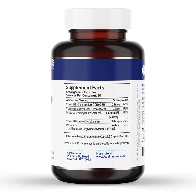 AgeImmune Vitamin B Complex with Vitamin D3 B12 B6 Magnesium Bisglycinate and Folate as Methylfolate - Doctor Formulated Methylated B Complex Supplement – 60 Capsules - Without Niacin 60 Count (Pack of 1)