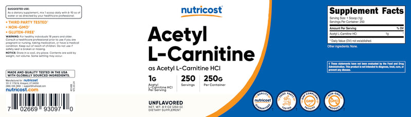 Nutricost Acetyl L-Carnitine (ALCAR) 250 Grams Powder - 1G Per Serving - 250 Servings No Flavor Added 250 Servings (Pack of 1)