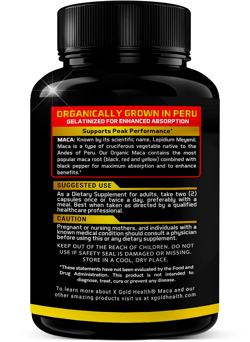 [Australia] - X Gold Health Organic Maca Root Powder Capsules 1500mg with Black | Red & Yellow Peruvian Maca Root Extract Gelatinized, Energy & Mood Supplement for Men & Women + Black Pepper for Best Benefits 