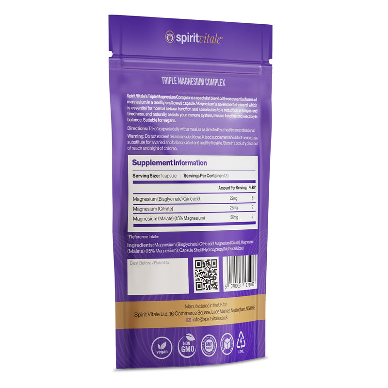 Triple Magnesium Complex | Energy, Metabolism, Wellbeing, Rest | Premium UK Formula | Bisglycinate, Citrate & Malate Balanced Complex | Vegan | No Nasties | SPIRIT VITALE