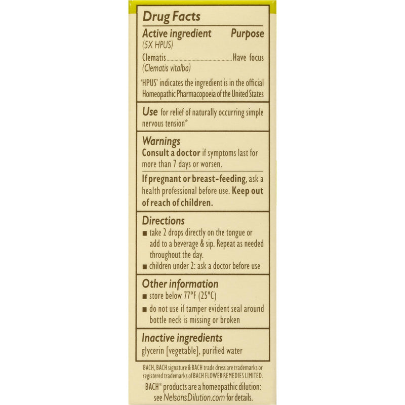 [Australia] - Bach Original Flower Remedies, Clematis for Focus and Concentration (Non-Alcohol Formula), Natural Homeopathic Flower Essence, Holistic Wellness and Stress Relief, Vegan, 10mL Dropper 