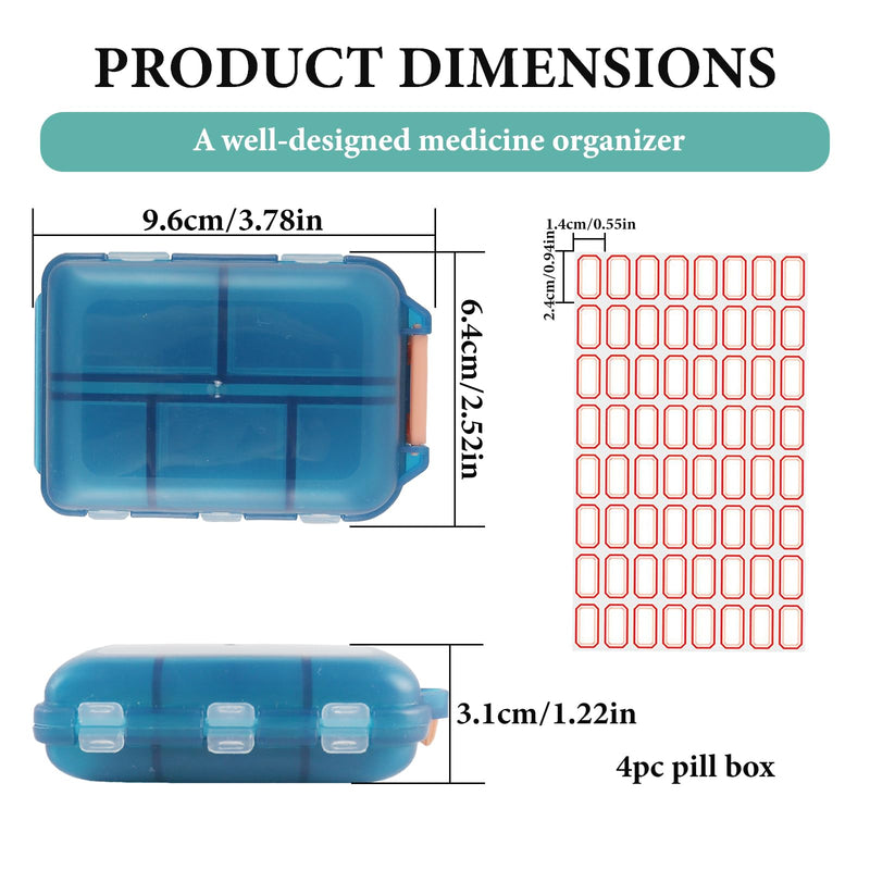 Travel Pill Organizer with 64 Stickers - 10 Compartments 4Pack Pill Cases, Pill Organizer 2 Times A Day, 20 Days Portable Compartments for Vitamins, Fish Oils, Supplements(Green) Green 4PC