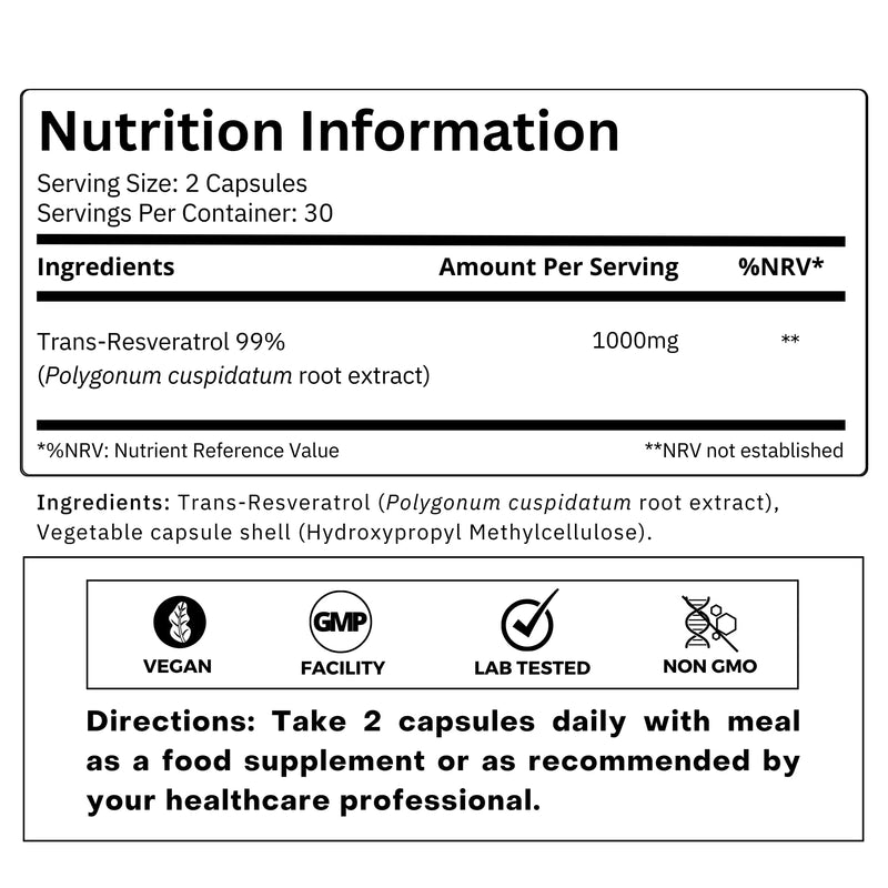 FOLIUS LABS Ultra High Purity Resveratrol Supplement 500mg - 99% Trans-Resveratrol - Japanese Knotweed Extract – 60 Caps