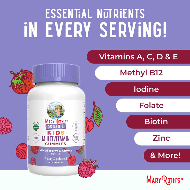 MARYRUTH'S USDA Organic Multivitamin Gummies, Ages 4+, Kids Vitamins, 60ct | 1 Month Supply, Vegan, Only 2 Gummies a Day, 60 Count