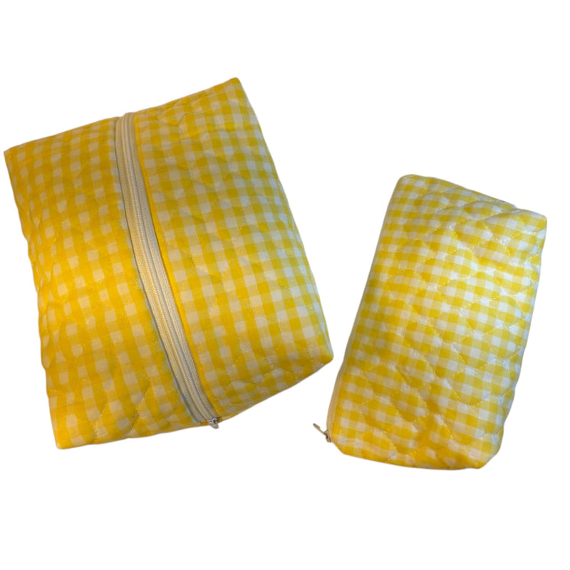 Set of 2 Handmade Quilted Cosmetic Bags – Yellow Gingham Cotton with Zipper, 7x8x3.5” and 9.5x4.5x2.5”