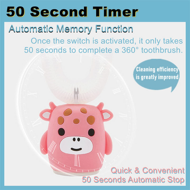 Kids Sonic Electric Toothbrush U Shaped Automatic Timer IPX7 Waterproof 5 Modes 360° Oral Cleaning Teeth Whitening Gums Massage Replaceable Soft Cartoon for 7-15 (Pink Cow) Pink Cow