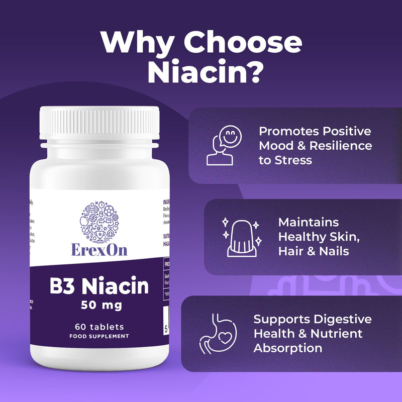 ErexOn Vitamin B3 | Niacin Supplement 50mg | 60 Vegan Tablets with Nicotinic Acid for Energy & Nervous System Health | UK Made
