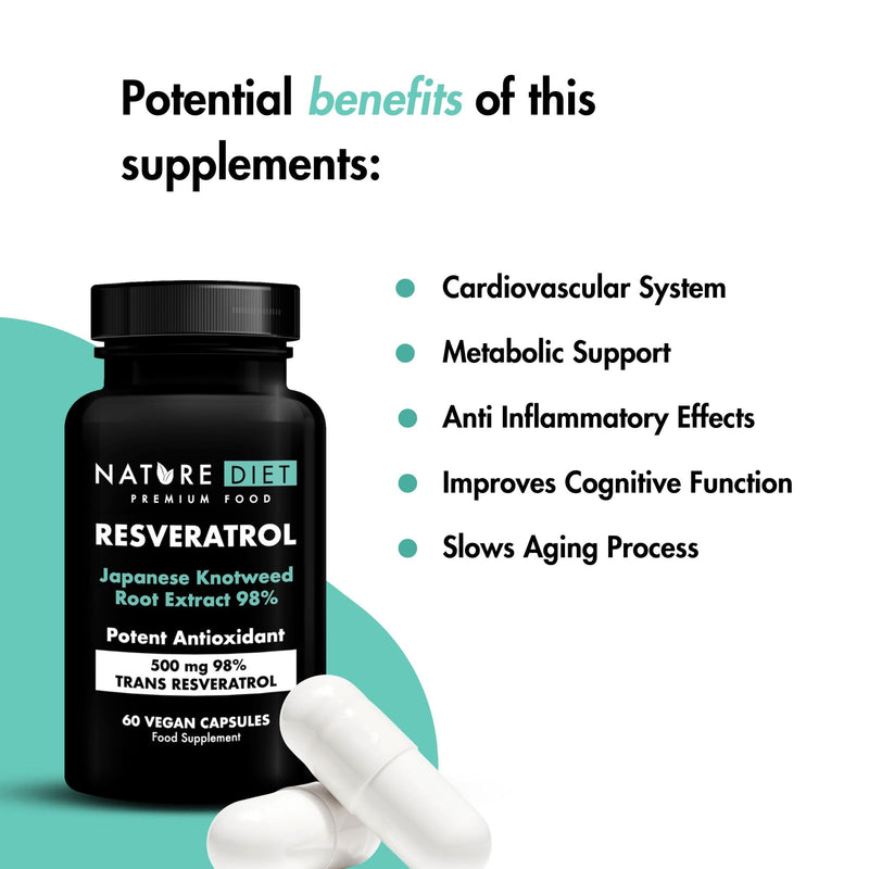 Nature Diet Resveratrol - 500mg Trans-Resveratrol (98%) - Japanese Knotweed Extract - 60 Vegan Capsules - Antioxidant Support - Supports Healthy Aging & Cellular Well-Being