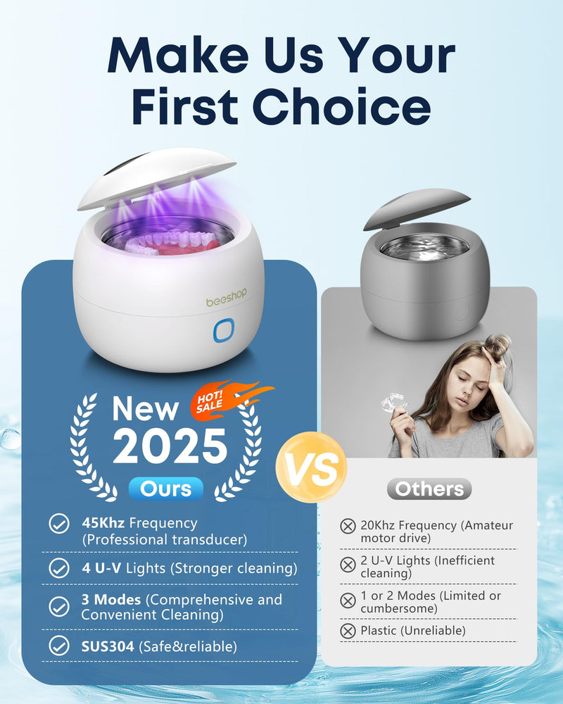 [Australia] - BEESHOP 2025 Ultrasonic Retainer Cleaner Machine – 45kHz Dental Pod for Retainers, Mouth Guards, Braces, Aligners & Jewelry, Denture Cleaner with 3 Modes, 200ml Capacity (White) White 