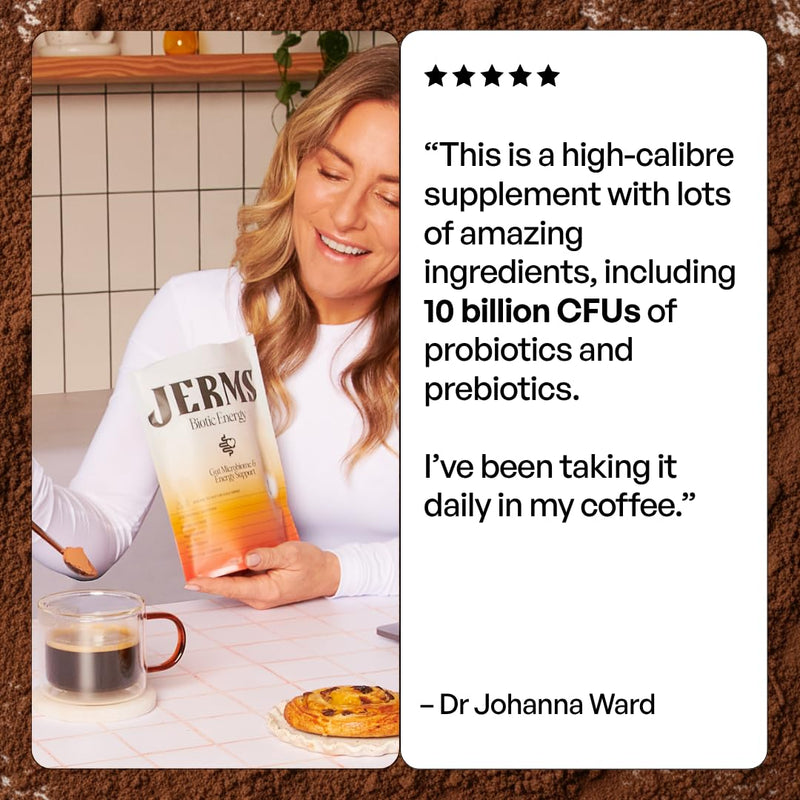 JERMS Biotic Energy | Caffeine-Free Cacao Blend with Lion's Mane, Cordyceps & Adaptogens | Calm Focus, Steady Energy & Gut Support, Coffee Alternative | 30 Servings