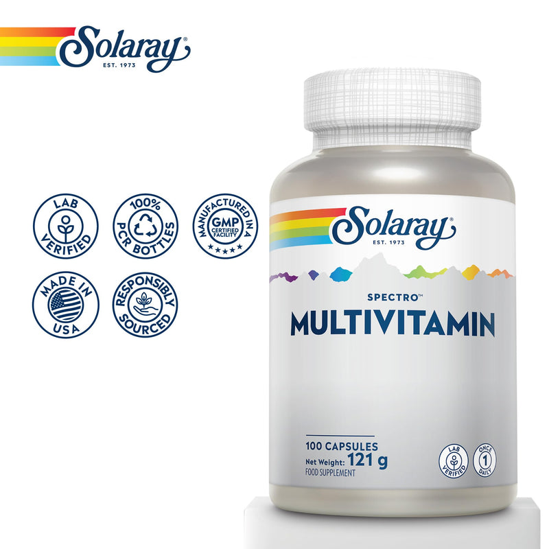 Solaray Multivitamin Spectro for Men & Women - 100 Capsules | 1-A-Day Formula with Iron | 30 Vitamins, Minerals & Botanicals | Bone, Immune & Energy Support