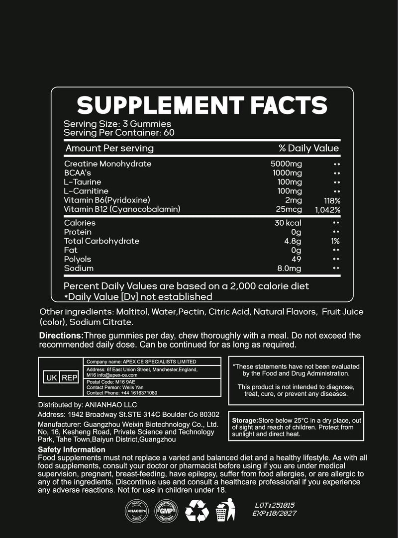 BCAA Gummies with Creatine 6300mg - High Strength EAA Essential Amino Acids - 180 Counts, 2 Month Supply - Pre Workout Energy, Muscle Strength - L-Taurine & B12 - Vegan Chewable Gummies 60 Servings