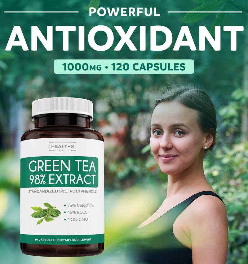 [Australia] - Green Tea Extract Capsules 98% with EGCG - 120 Count (Non-GMO) for Natural Metabolism Boost - Leaf Polyphenol Catechins - Antioxidant Supplement - Green Tea Pills - 1000mg (500mg per Capsule) 120 Count (Pack of 1) 