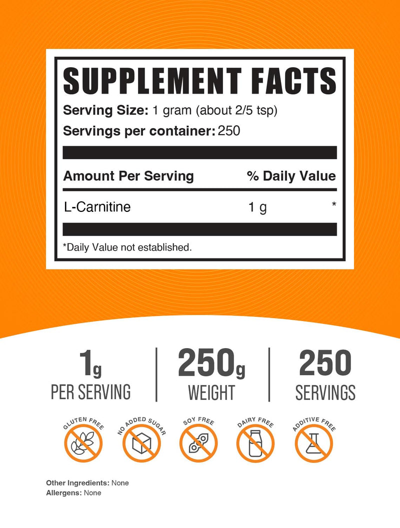 BulkSupplements.com L-Carnitine Powder - Carnitine Supplement, L Carnitine 1000mg, Carnitine Powder - Amino Acid Supplement, Gluten Free, 1g per Serving, 250g (8.8 oz) (Pack of 1) 250 Servings (Pack of 1)