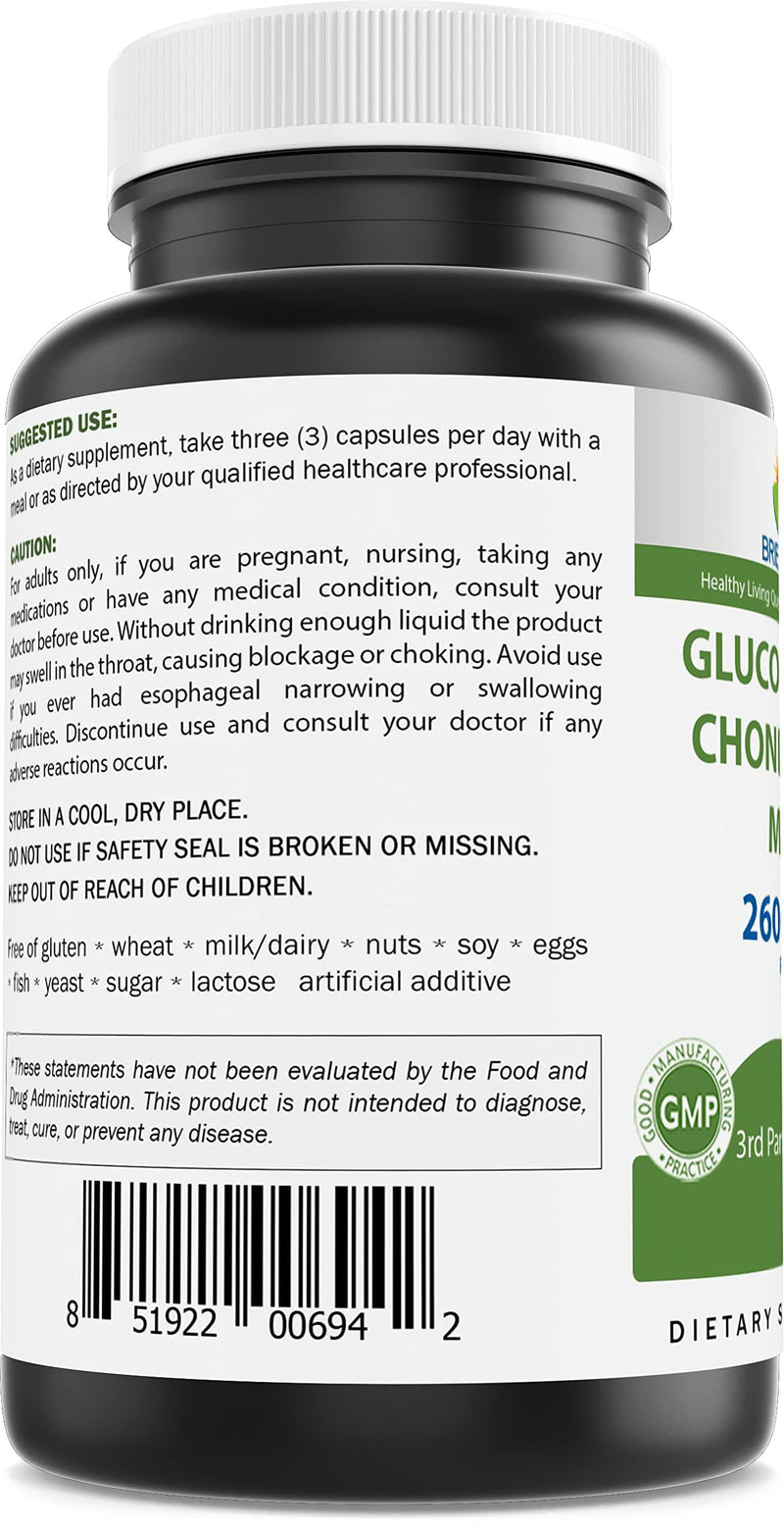 Brieofood Triple Strength Glucosamine Chondroitin MSM 2600mg/Serving Capsules, Supports Healthy Joint, Cartilage and Connective Tissue - Promotes Joint Comfort & Flexibility 180 Count
