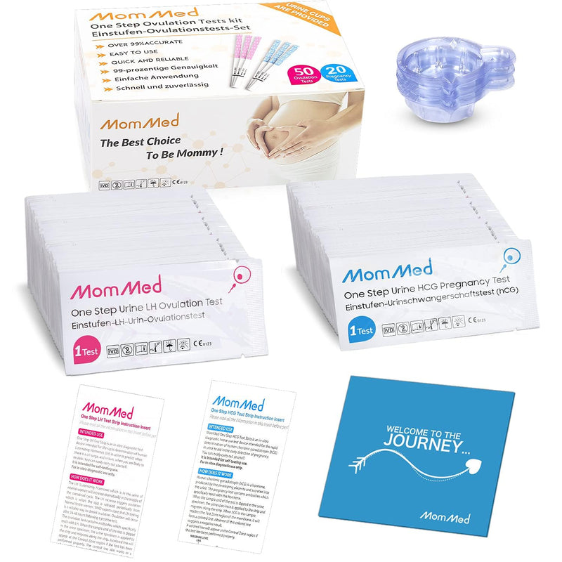 [Australia] - MomMed Ovulation Test Strips, Ovulation and Pregnancy Tests (LH50-HCG20), Includes 50 Ovulation Tests and 20 Pregnancy Tests with 70 Urine Cups, Accurately Track Ovulation and Detect Early Pregnancy 1 Count (Pack of 1) 