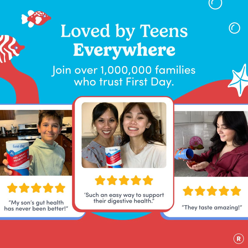 FIRST DAY Probiotic for Teens Ages 13-18, 3-in-1 Gummies, 60ct | Vegan teen probiotic gummies with prebiotics, postbiotics, kiwi and 1.5B CFU; tropical flavor, 2 daily for 30 days. 60 gummies - Pouch